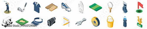 Large Set of Isometric Golf Equipment and Accessories Icons for Sports and Recreation Illustration