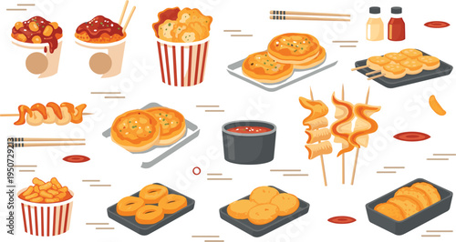Street Food Snacks Set with Dumplings, Fried Rings, Skewers, Noodles, Popcorn Chicken and Sauces for Asian Fast Food Menu Illustration
