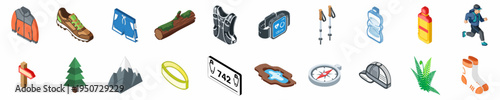 Isometric collection of trail running and hiking equipment icons including outdoor gear, clothing, and nature elements for adventure sport and fitness designs.