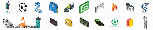 Isometric set of soccer icons and equipment, including player, ball, goal, jersey, cleats, cards, and stadium accessories for football game design.
