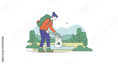 woman picking up trash in nature with bag
