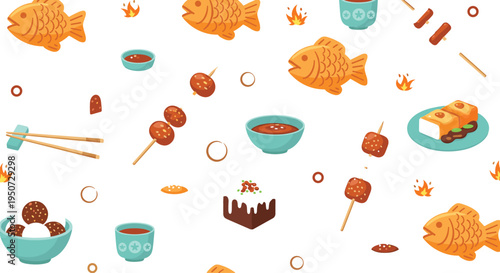 Japanese Street Food Set with Taiyaki Fish Pastry, Skewers, Meatballs, Sauce Bowls and Chopsticks for Asian Cuisine Illustration