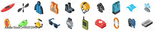 Collection of Isometric Kayaking and Water Sports Equipment Icons Including Boat, Paddle, Life Vest, and Safety Gear