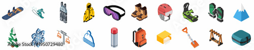 Isometric winter sports and snowboarding icons set including gear, clothing, and equipment for mountain activities on a white background.