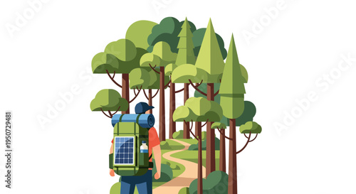 Hiker with solar panel backpack walking on forest trail