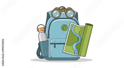 Backpack with binoculars map and water bottle for travel