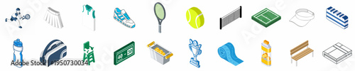 Collection of Isometric Icons Representing Professional Tennis Equipment, Player Accessories, Court Elements, and Match Essentials on a White Background
