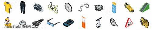 Collection of isometric icons representing road cycling equipment, accessories, and components, including bicycles, apparel, tools, and technical gear on white background.