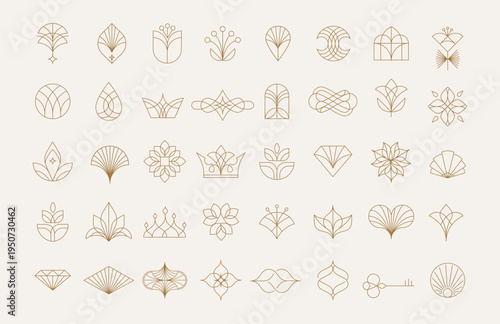 Luxury golden minimalistic icons and line art elements set. Elegant boutique abstract linear logo collection.