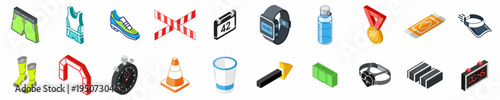 Comprehensive collection of isometric icons featuring essential running and marathon gear, apparel, hydration, and competitive race equipment for professional athletes and hobbyists.
