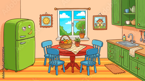 A bright kitchen interior shows a round dining table set for four, surrounded by blue chairs and green cabinetry.