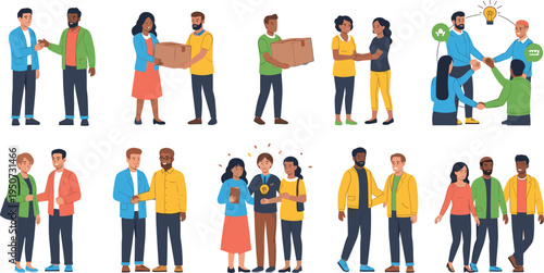 Diverse People Community Vector Set with Friends Talking, Handshake Agreement, Team Collaboration, Multicultural Couples, and Social Interaction Illustrations