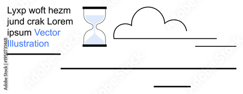 Time management, data storage, digital concepts, process flow, minimalism, technology. Image shows a cloud, hourglass and bold lines. Time management and data storage symbolism