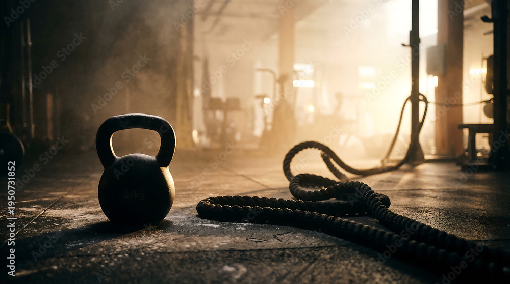 Fototapeta premium Dramatic backlit silhouette of kettlebell and battle rope in hazy atmospheric gym