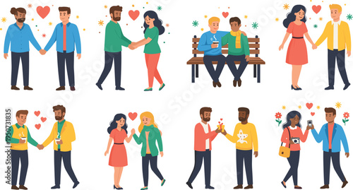 Happy Couples and Social Relationships Vector Set with People Dating, Walking Together, Holding Hands, Romantic Moments, and Modern Relationship Lifestyle Illustrations