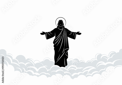 Black silhouette of Jesus Christ with halo and outstretched arms.