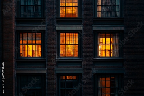 Warmly lit windows of urban building at dusk
