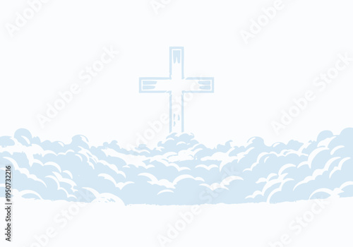 Stylized Christian Cross Symbol Emerging from Heavenly Clouds.