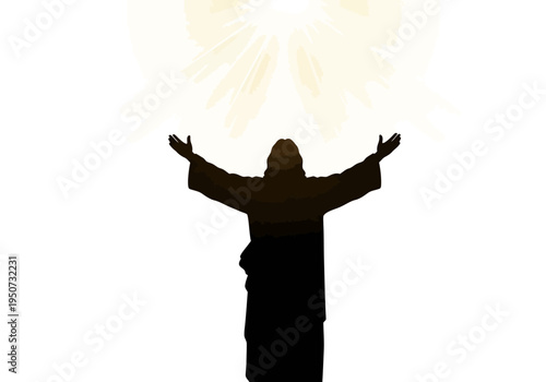 Jesus Christ silhouette with arms raised towards a radiant divine light.