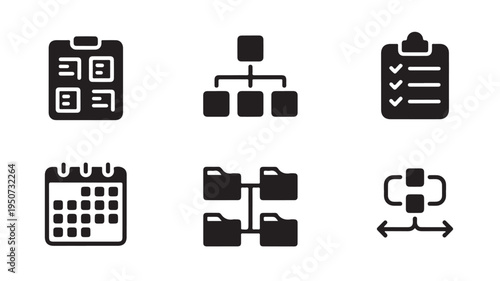 Business Organization and Planning Icons Set with Clipboard, Flowchart, Calendar and Workflow Symbols