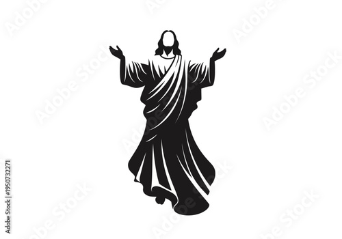 Black silhouette of Jesus Christ with outstretched arms and flowing robe religious symbol.