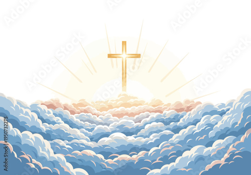 Heavenly golden cross with radiant light rays over fluffy clouds.