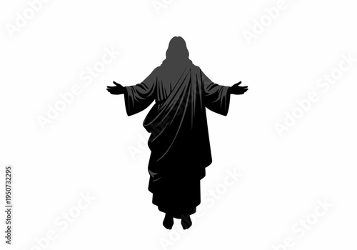 Black silhouette of Jesus Christ with outstretched arms.