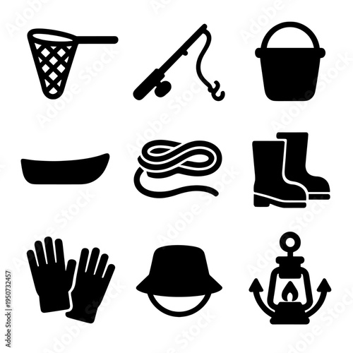 Fishing and outdoor icons: rods, nets, boats, and more for nature enthusiasts