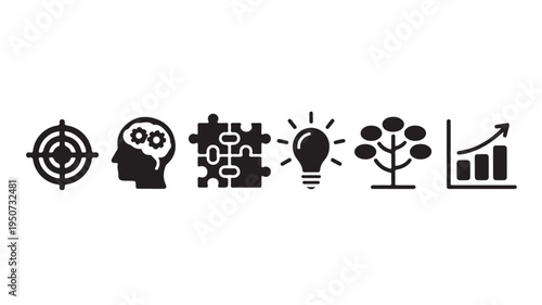 Business Strategy Icons Set with Target Puzzle Light Bulb Growth Chart and Goal Symbols