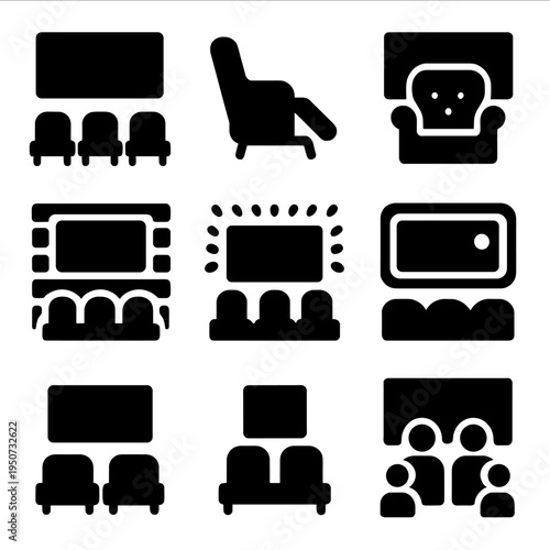 Cinema icon set featuring various theater and seating silhouettes