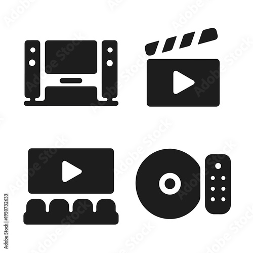 Simple black movie icons set on dark background with film and clapboard symbols