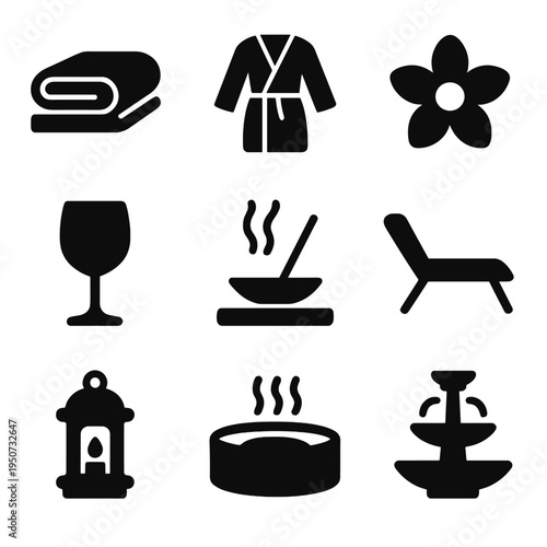 Relaxation icons set: spa, wine, and wellness symbols on dark background