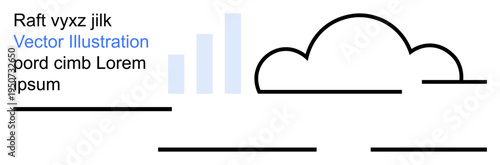 Data visualization, cloud computing, business analysis, tech interfaces, modern design, conceptual . Minimalist design with cloud, bar graph and text elements. Data visualization and cloud computing