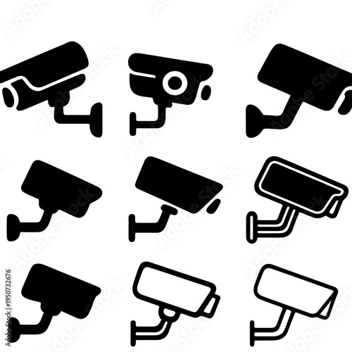 Surveillance cameras icons on textured gray background grid layout