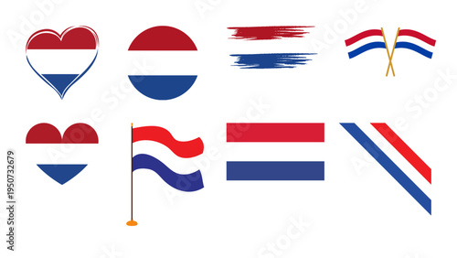 Collection of diverse graphic representations showcasing the vibrant national flag of the Netherlands in different styles and shapes.