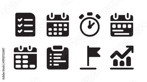 Business Planning Icons Set with Calendar Checklist Graph and Analytics Symbols for Productivity Management