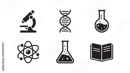 Science Icons Set Featuring Microscope DNA Atom Flask and Book for Laboratory Research and Education Concepts
