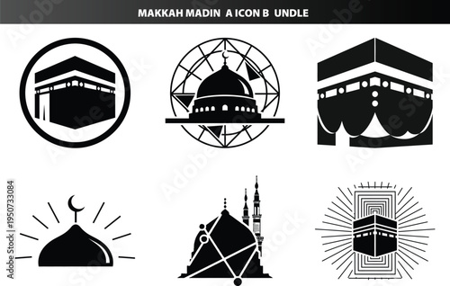 Collection of islamic icons featuring kaaba and mosques in makkah madinah