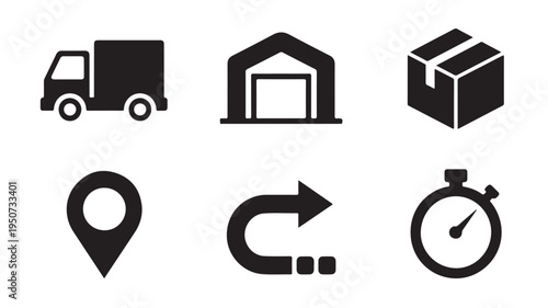 Logistics Icons Set Featuring Delivery Truck, Package, Warehouse, Map Pin, Timer and Refresh Symbols for Shipping and Supply Chain Concepts