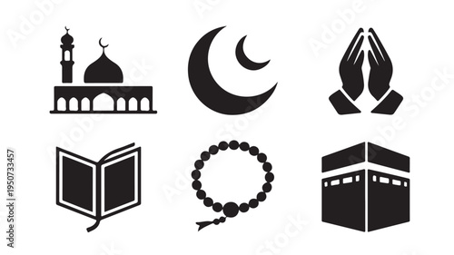 Islamic Icons Set with Mosque, Crescent Moon, Praying Hands, Quran, Rosary and Kaaba for Ramadan, Eid and Muslim Faith Design
