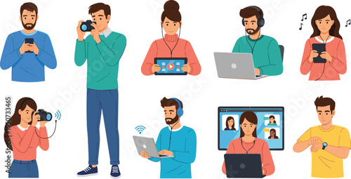 People Using Digital Devices Vector Set with Smartphone, Camera, Laptop, Video Call, Online Meeting, Music Streaming, and Modern Technology Lifestyle Illustrations