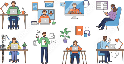 People Working Remotely Vector Set with Laptop Work, Video Conference Meeting, Online Communication, Home Office Setup, and Digital Freelance Lifestyle Illustrations
