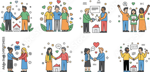 Real Estate Clients and Agents Vector Set with House Buying, Property Deal Agreement, Family Home Purchase, Mortgage Consultation, and Real Estate Business Illustrations