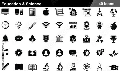 40 Education and Science Icons Bold Solid Filled Set for Classroom and Laboratory