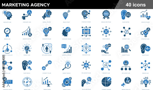 40 Marketing Agency Icons Flat Dual Tone Set for Strategy, Branding, and Digital Campaigns