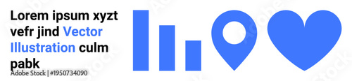 Data visualization, navigation, analytics, map markers, statistics, love connection. Blue bar graph, map pointer and heart icon in simplistic design. Data visualization and navigation concept