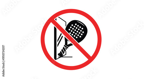 Graphic symbol prohibiting tennis racket and bee with a red circle and line through it on a white background.