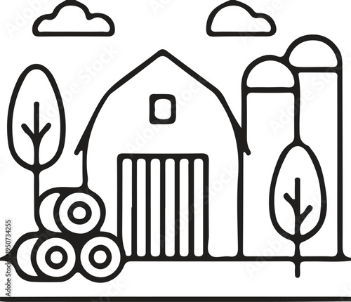 Simple line art illustration of a farm scene with barn, silo, trees, hay bales and clouds, Hay Bale