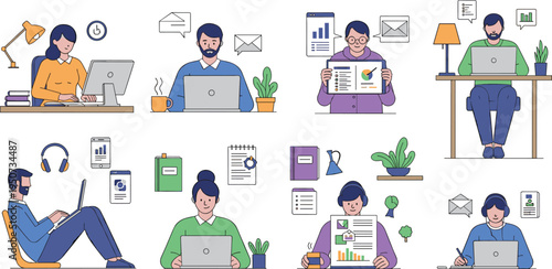 Remote Workers and Freelancers Using Laptops Vector Set with Home Office, Online Communication, Digital Work, Productivity, and Modern Work From Home Illustrations
