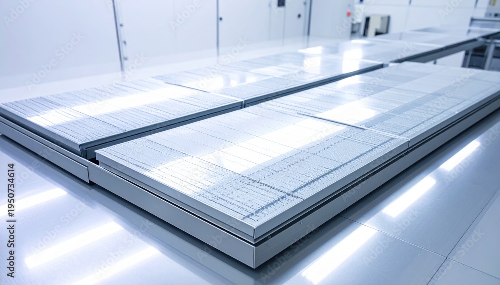 Fototapeta premium Meticulously stacked crystalline silicon wafers arranged neatly on a specialized cleanroom tray, illustrating advanced semiconductor production and high-tech manufacturing processes.